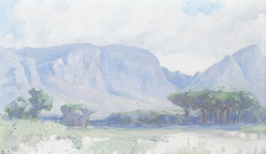 Allerley Glossop (South African, 1870-1955), oil on board, ‘The Mountains from Claremont Flats, initialled, inscribed Forsyth & Co, Cape Town label verso, 14 x 24cm. Condition - fair to good